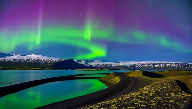 Northern lights over snowy mountains aurora borealis with starry in the night sky fantastic winter