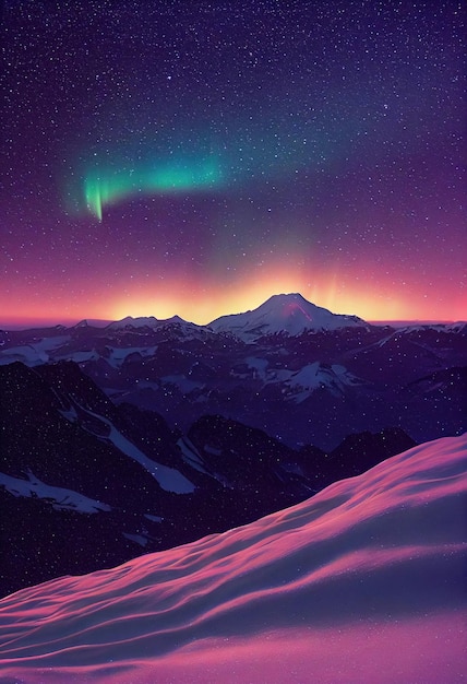 Northern Lights over the snowy mountains Beautiful northern lights