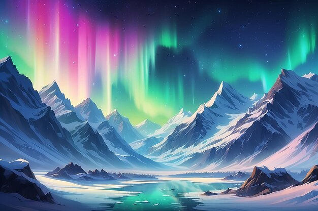 Northern lights over snowy mountains gaming rpg abstract background