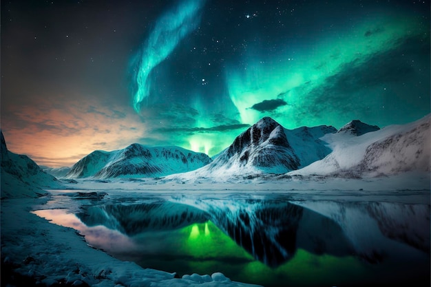 Northern lights view over icy mountains and snow, arctic lake, winter season