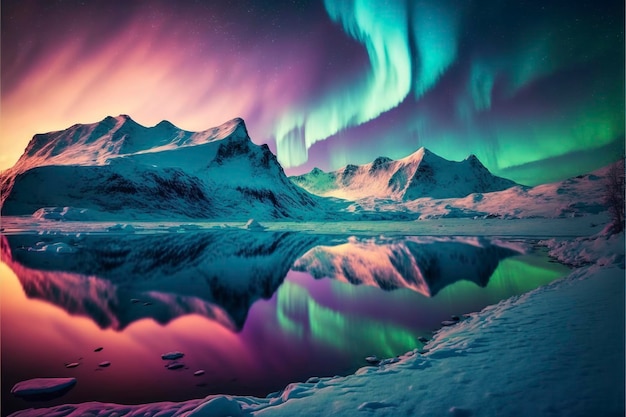 Northern lights view over icy mountains and snow, arctic lake, winter season