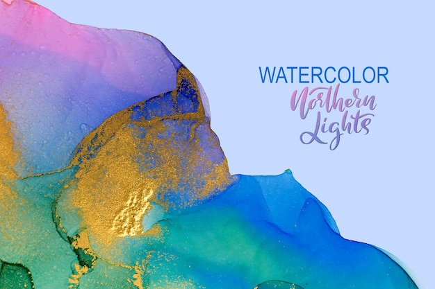 Northern lights watercolor imitation. gradient template with gold gltter