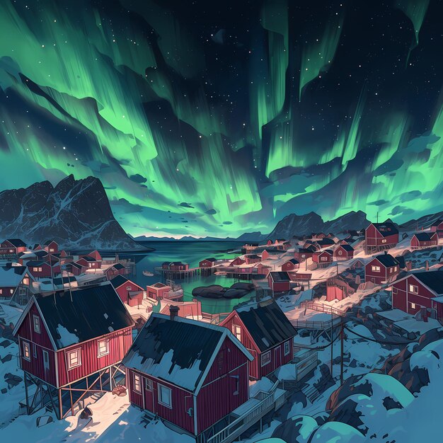 Northern Lights over a Winter Fishing Village