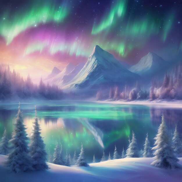 Northern lights over winter forest magic lake