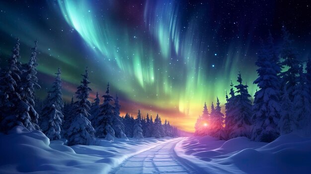 Northern lights with sky on snowy path in the style of video glitches igor zenin skyblue and brown