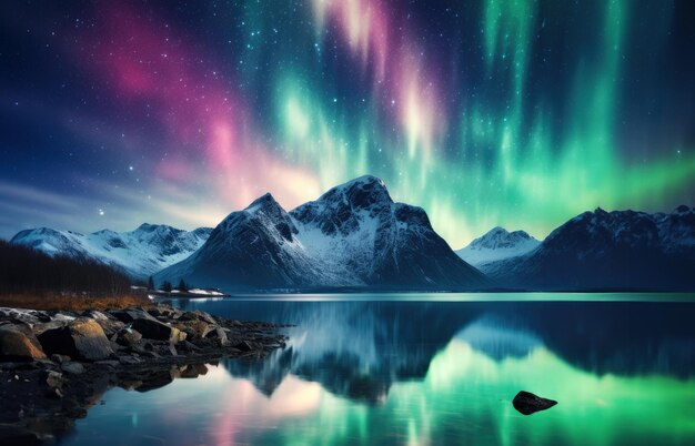 Photo northern lights with snow mountain and river bright beautiful night mystical