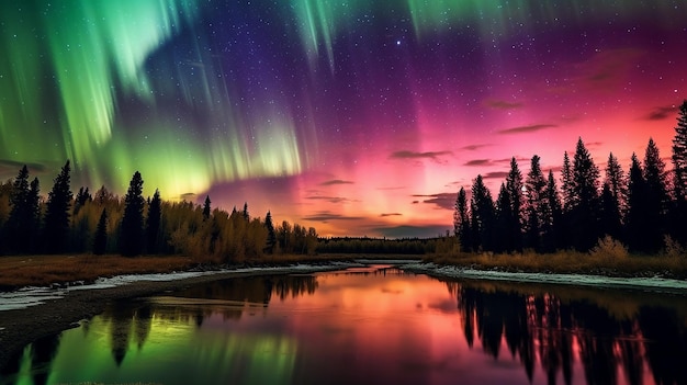 The Northern Lights with vibrant ribbons of dancing colors illuminating the night sky