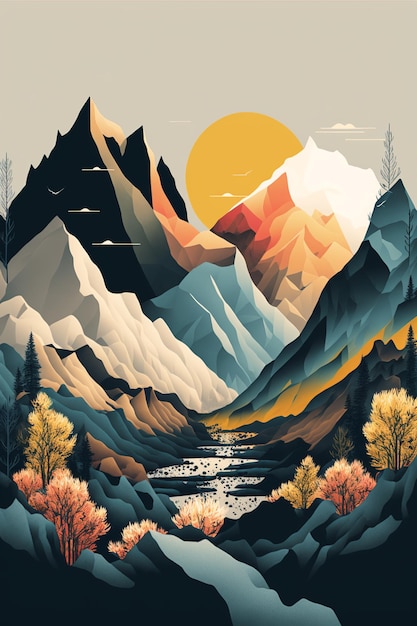 Northern mountains, sun, trees, river. Hills flat lay illustration