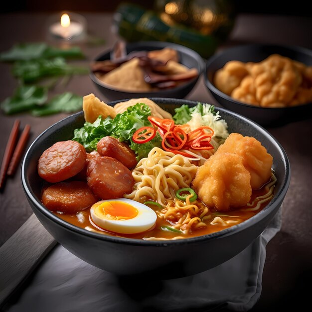 Northern Style Curried Noodle Soup with Chicken khaao saawy gai Khao Soi served in a blue cave