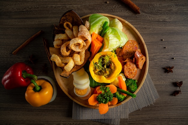 Northern thai food on wooden bowl