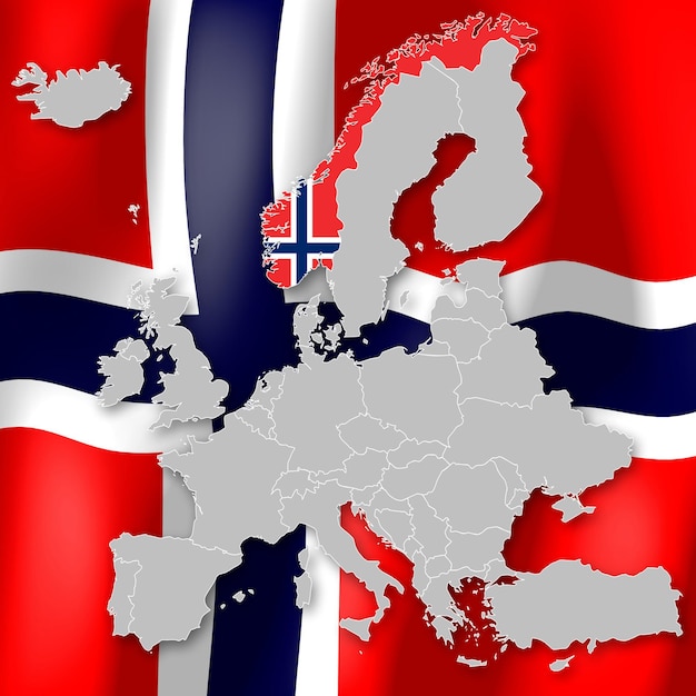 Norway country borders and flag selected on map of Europe