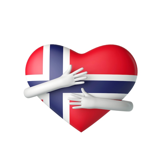 Norway flag heart being hugged by arms d rendering
