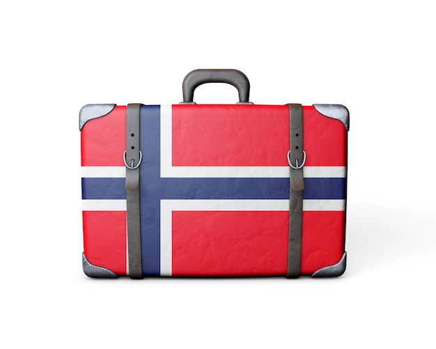 Norway flag on a vintage leather suitcase 3D Rendering