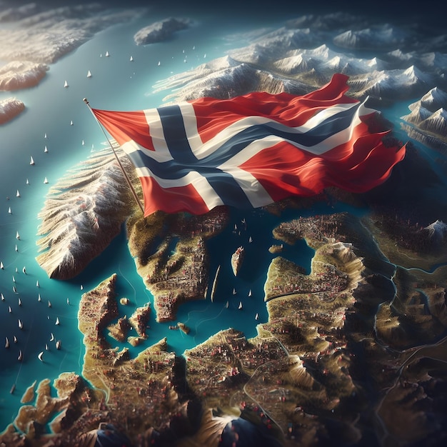 Norway map with waving flag of country realistic photo