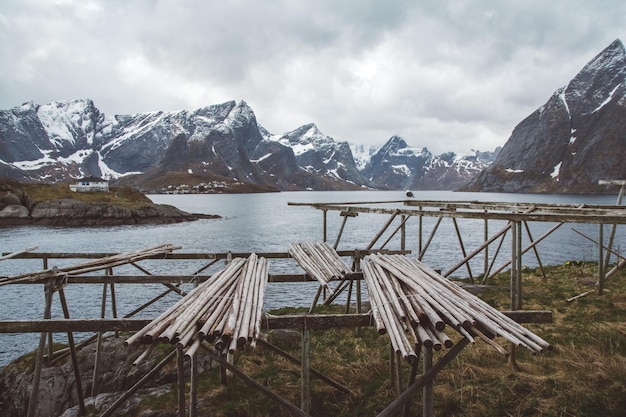 노르웨이 섬의 산, 로포텐 자연 스칸디나비아 풍경, 텍스트 또는 광고 장소