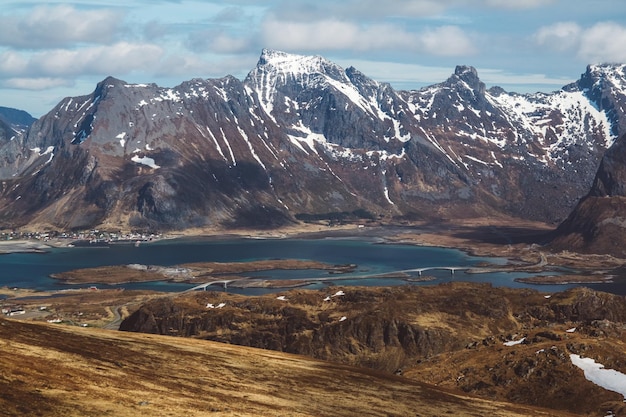 Норвегия гора на островах lofoten естественный скандинавский ландшафт место для текста или рекламы