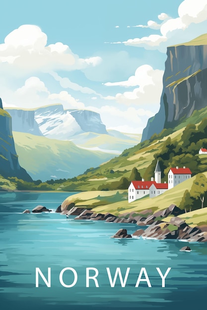 Norway travel poster with spectacular view fjords