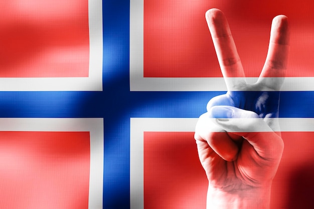 Norway two fingers showing peace sign and national flag