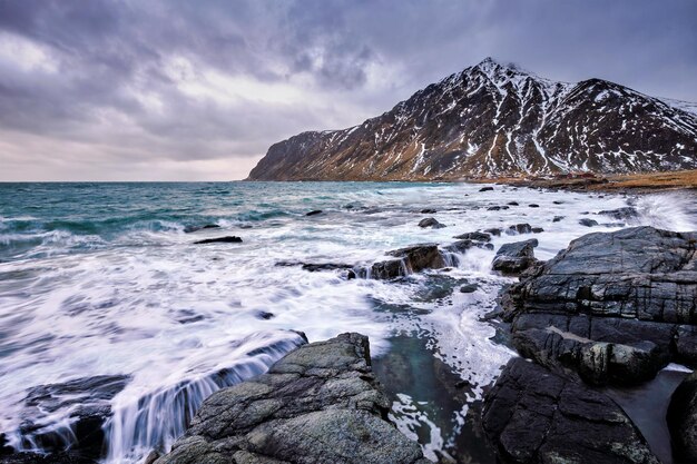 Norwegian fjord and mountains in winter Lofoten islands Norway