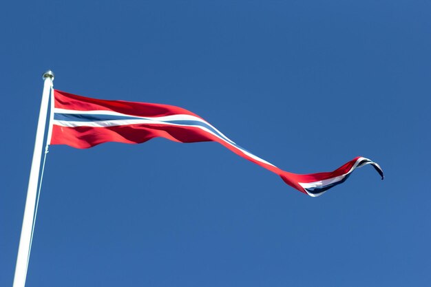 Norwegian flag flying on the blue sky