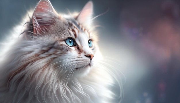 Norwegian Forest Cat Cat Medium Shot White Pink Blue Magical Fantasy Bokeh Generative AI