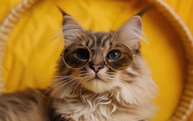 Norwegian Forest cat with sunglasses on a professional background