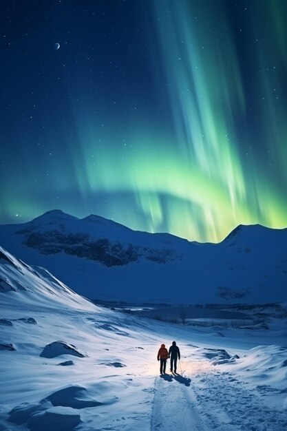 Norwegian landscape with Aurora borealis two hikers