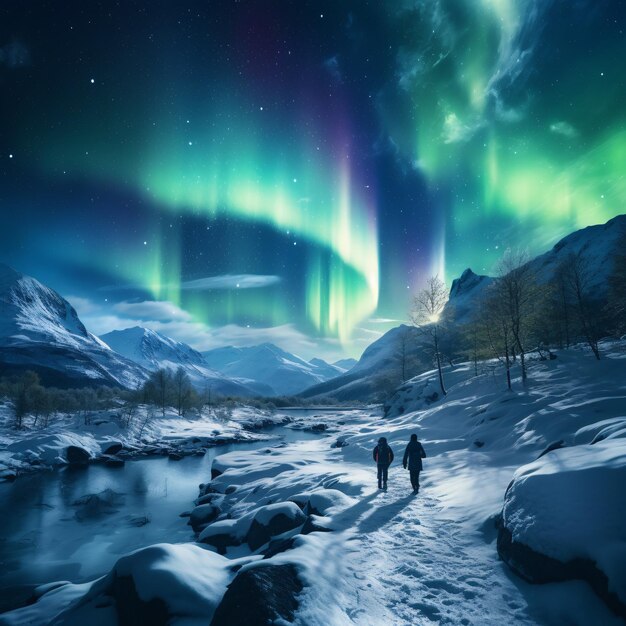 Norwegian landscape with Aurora borealis two hikers