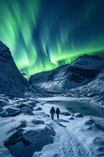 Norwegian landscape with Aurora borealis two hikers