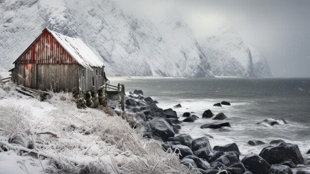 Norwegian landscape with old redwood barns at the sea coast