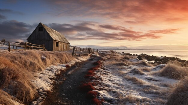 Norwegian landscape with old redwood barns at the sea coast