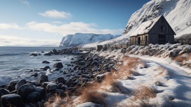 Norwegian landscape with old redwood barns at the sea coast