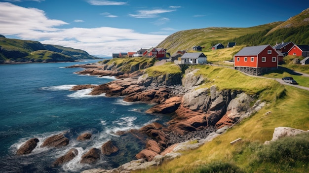 Norwegian landscape with old redwood barns at the sea coast