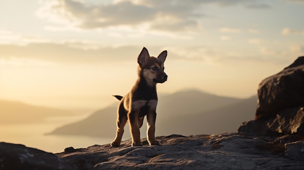 a Norwegian Lundehund puppy on a rugged coastal cliff