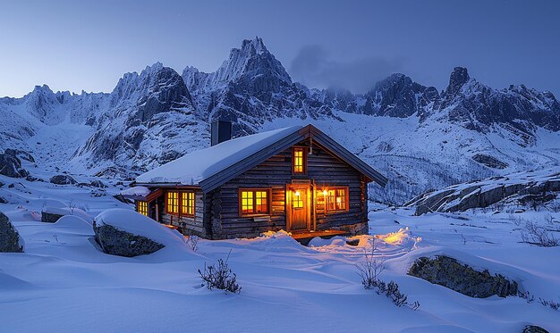 夕暮れのノルウェー山の小屋