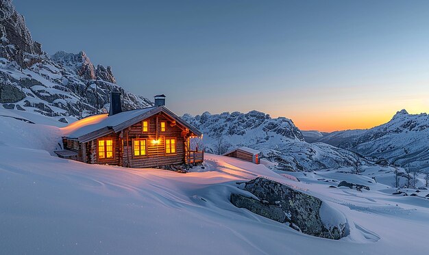 夕暮れのノルウェー山の小屋