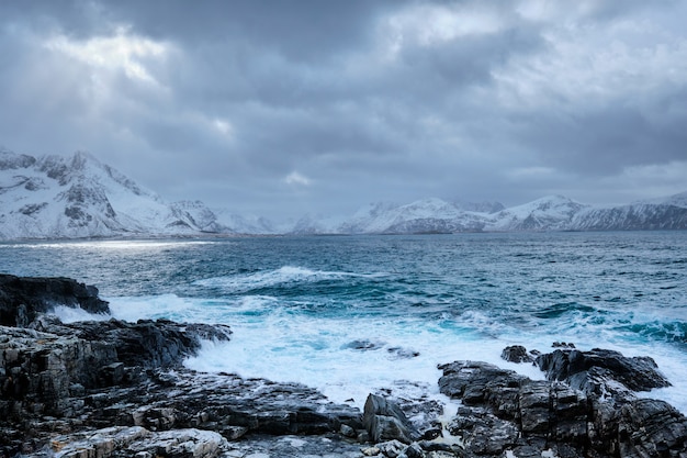 Il mare norvegese ondeggia sulla costa rocciosa delle isole lofoten, norvegia