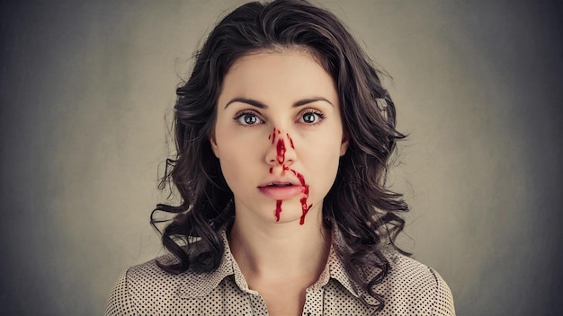 Photo nosebleed woman with a bloody nose healthcare and medical