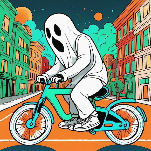 nostalgia 90s marker art sheet ghost wearing chucks green and white riding a bike happily through