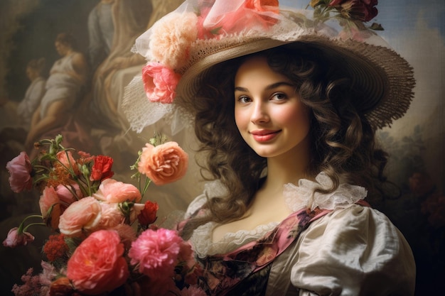 古いパリへの郷愁 18 世紀の花を持つ若いフランス人女性のアクリル写真効果