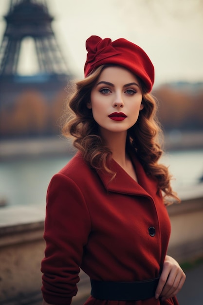 Nostalgia for old paris beautiful french woman near the eiffel tower