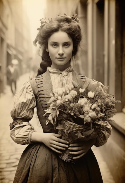 Nostalgia for old Paris Old photo of young pretty French woman with flowers 18th century