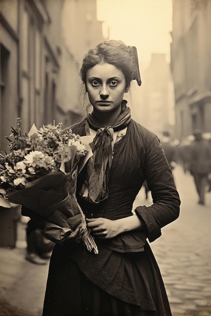 Nostalgia for old Paris Old photo of young pretty French woman with flowers 18th century