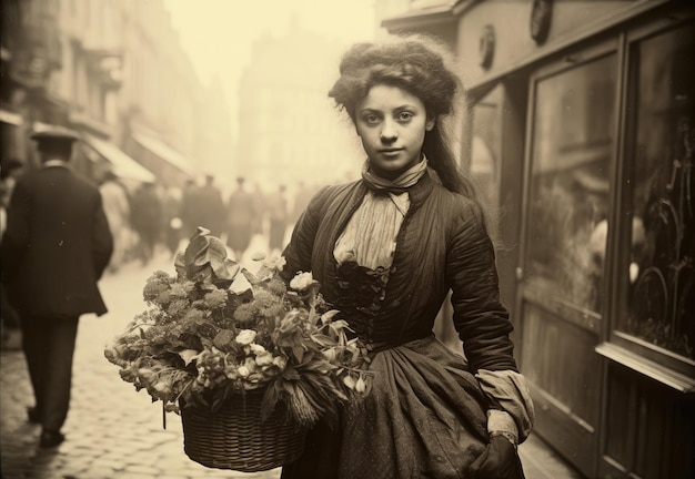 Nostalgia for old Paris Old photo of young pretty French woman with flowers 18th century