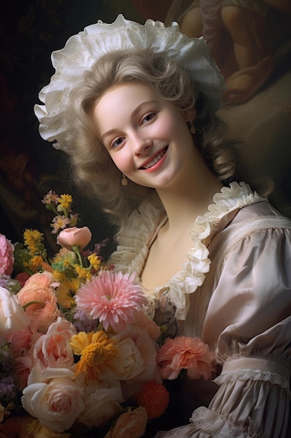 Nostalgia for old Paris Old photo of young smiling French woman with flowers 18th century