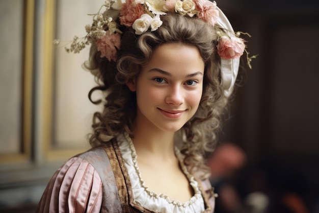 Nostalgia for old Paris Old photo of young smiling French woman with flowers 18th century