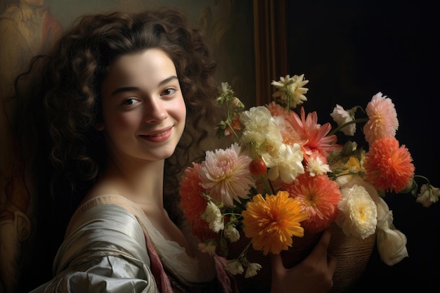 옛 파리에 대한 향수 꽃을 들고 웃고 있는 젊은 프랑스 여성의 오래된 사진 18세기