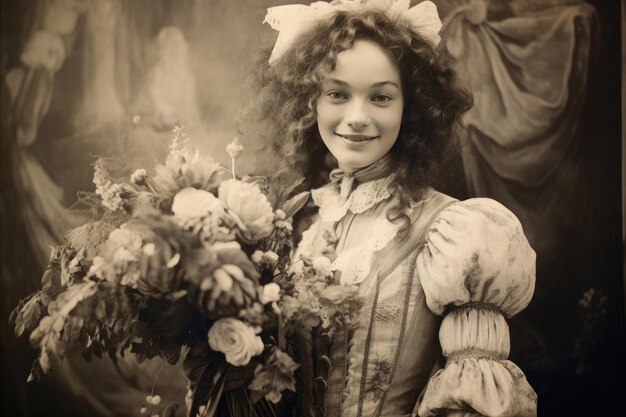 Nostalgia for old Paris Old photo of young smiling French woman with flowers 18th century