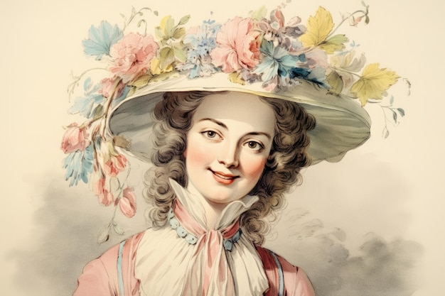 古いパリへの郷愁 18 世紀の花を持つ若いフランス人女性の水彩イラスト