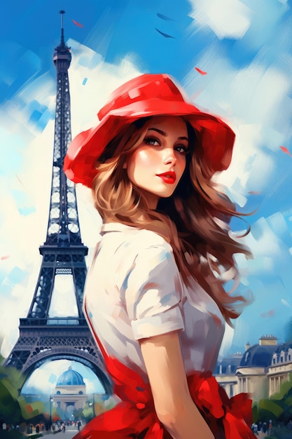 Nostalgia for old paris watercolor image of a beautiful french woman near the eiffel tower